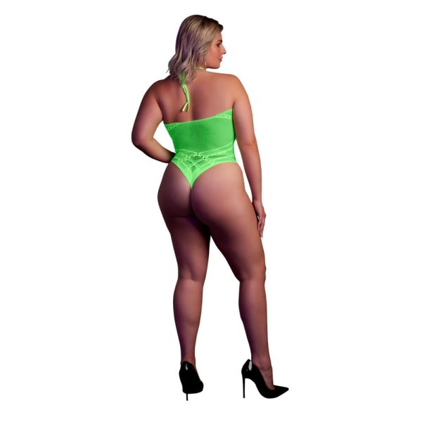 Halter Tie Neck Bodysuit Neon Green Plus Size - Image 4